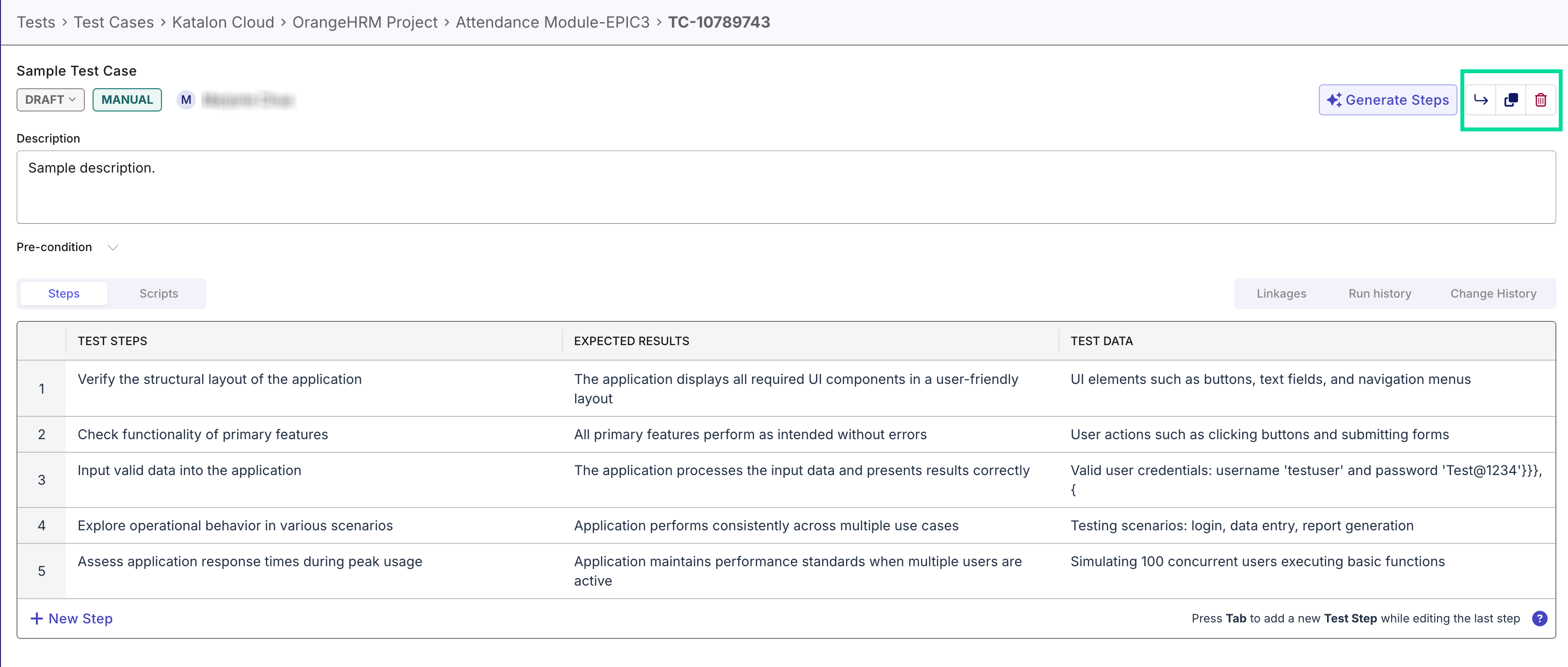 Test case detail page with test case management options in Katalon TestOps
